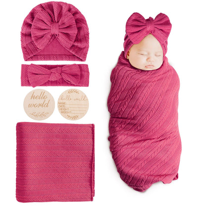 DRESHOW BQUBO Baby Swaddle Blankets for Girls, 4PCS Newborn Accessories Set with Matching Hat and Bow Headband with Card