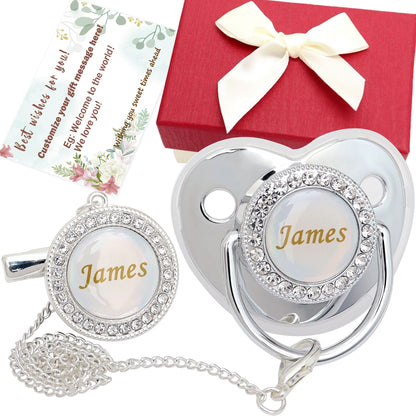 Personalized Pacifier Set with Name, BPA Free, Bling Gold Silver Pink Rose Gold Luxurious Ideal Gift for Newborns (Gold)