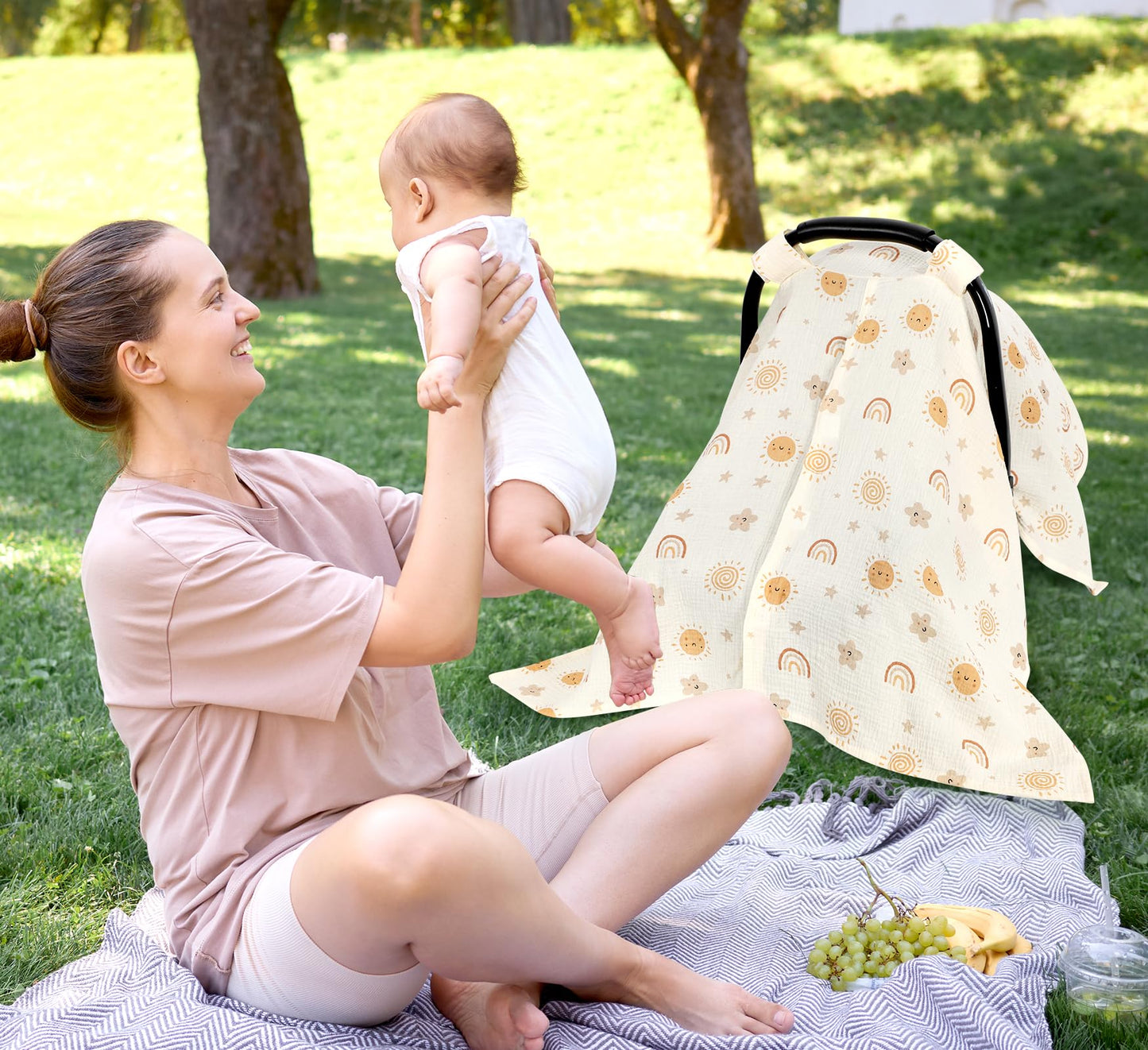 Muslin Car Seat Cover Baby Girls Boys, Summer Cotton Baby Car Seat Cover for Carseat, Comfortable Nursing Cover, Soft Baby Blanket, Breathable Lightweight Infant Stroller Canopy, Rainbow