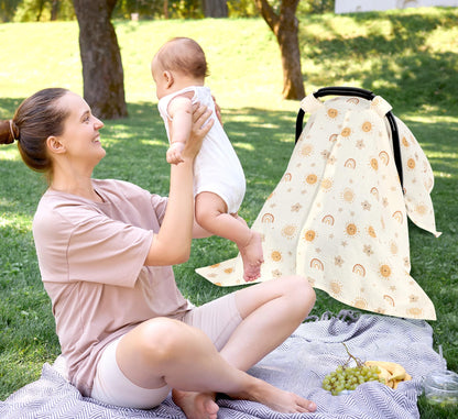 Muslin Car Seat Cover Baby Girls Boys, Summer Cotton Baby Car Seat Cover for Carseat, Comfortable Nursing Cover, Soft Baby Blanket, Breathable Lightweight Infant Stroller Canopy, Rainbow
