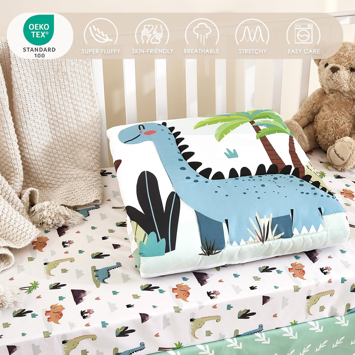 3-Piece Crib Sets for Boys - Ultra Soft Baby Boy Crib Bedding Set Includes Crib Comforter, Sheet & Skirt (Dinosaur)