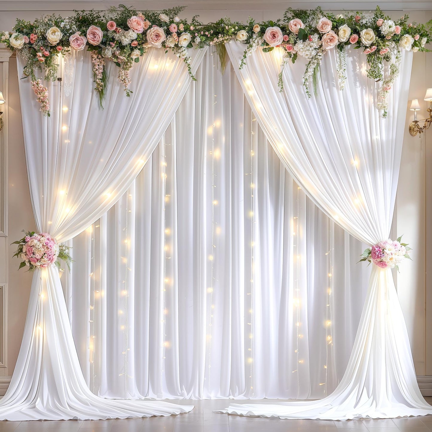 10x10ft Pink Backdrop Curtain with Lights String for Parties Wedding Wrinkle Free Soft Curtains Photo Backdrop Drapes for Girls Birthday Baby Shower Background Decorations 5x10ft, 2 Panels