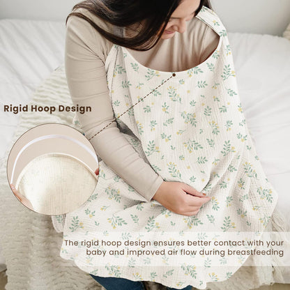 Konssy Muslin Nursing Cover for Baby Breastfeeding, Breathable 100% Cotton Breastfeeding Cover with Rigid Hoop for Mother Nursing Apron, Multi-use Carseat Canopy (Summer Wheat)