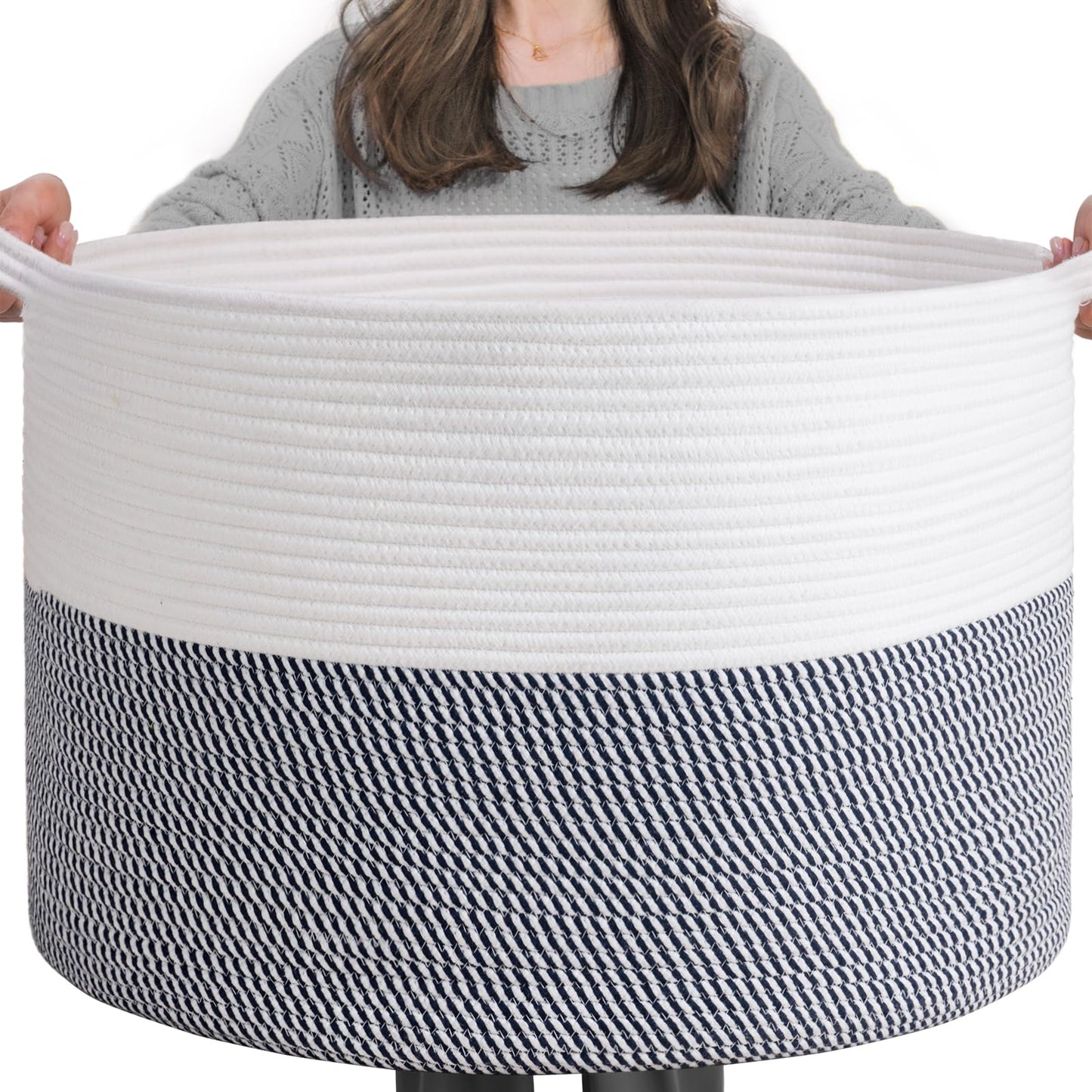 INDRESSME XXXLarge Cotton Rope Basket 21.7" x 21.7" x 13.8" Woven Baby Laundry Blanket Basket Toy Baskets with Handle Storage Comforter Cushions Thread Laundry Hamper