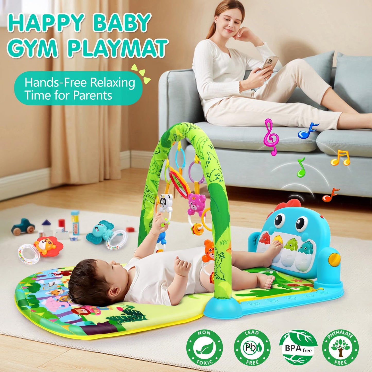 UMIKU Baby Play Mat Baby Tummy Time Mat Activity Center for Newborn Infant Piano Play Gym Mat Music & Light Babies Gifts Boy Girl for Babies 0-6 6-12 Months, Pink Dinosaur