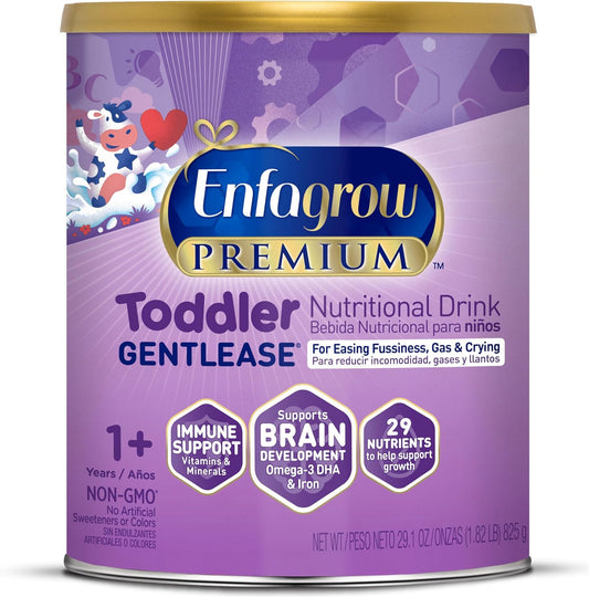 Enfagrow PREMIUM Gentlease Toddler Nutritional Drink, Made with Real Milk, Designed to Ease Fussiness, Gas & Crying, Brain-Building Omega-3, Nutrients for Growth & Immune Support, Powder Can, 29.1 Oz