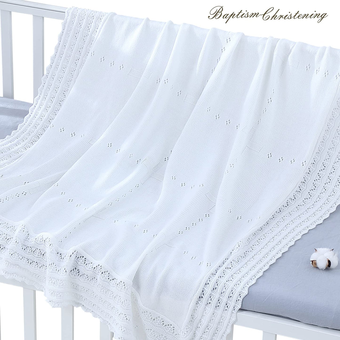Booulfi Knit White Baby Blankets Neutral,Crib Stroller Newborn Blankets for Boys Girls,Cotton Lace Crochet Winter Blanket Nursery Blanket New Baby Essentials, 38X39