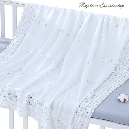 Booulfi Knit White Baby Blankets Neutral,Crib Stroller Newborn Blankets for Boys Girls,Cotton Lace Crochet Winter Blanket Nursery Blanket New Baby Essentials, 38X39