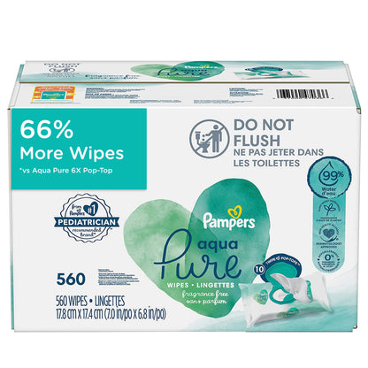 Pampers Baby Wipes Aqua Pure, 99% water-based wipes, Hypoallergenic and Unscented Infant Wipe, 896 Total (16 Flip-Top Packs)