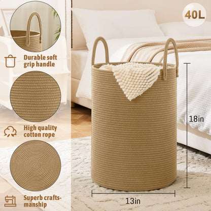 Laundry Basket,Woven Cotton Rope Laundry Hamper,60L for Decor Storage of Dirty Clothes,Toys and Blankets in Bathroom,Baby Room and Living Room