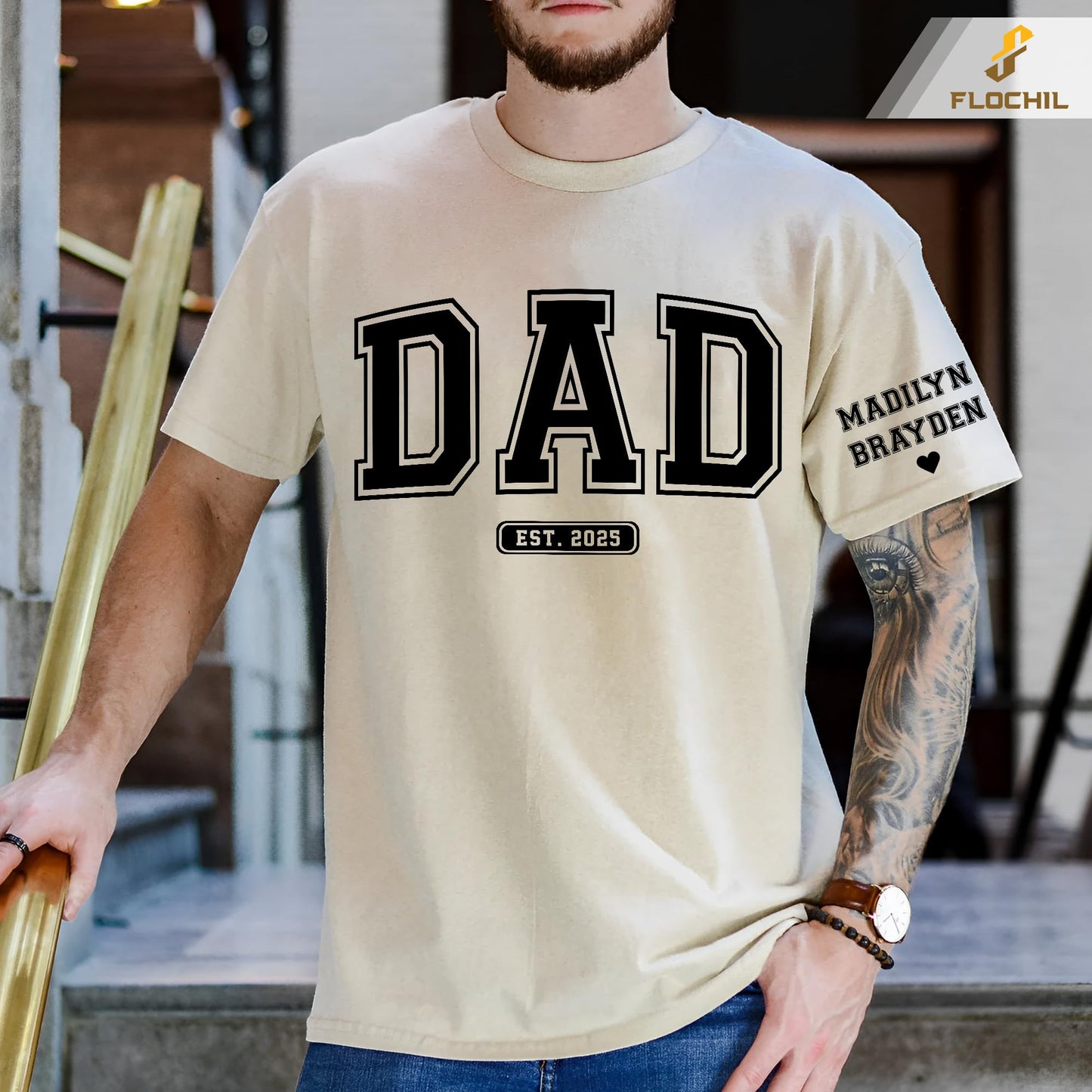 FLOCHIL Personalized Fathers Day Shirts with Kids Name, Custom Dad Shirts for Men, Gifts for Dad, Fathers Day, Christmas