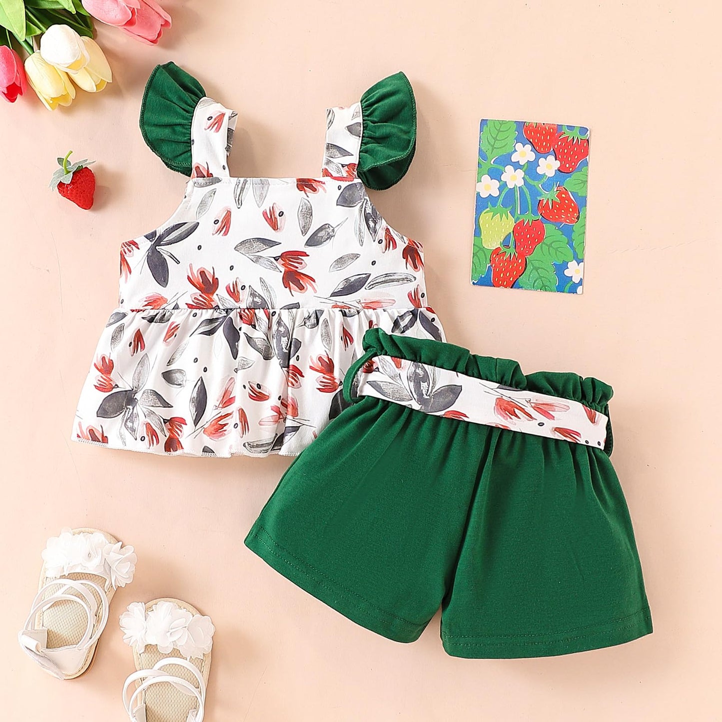 3-18M Newborn Baby Girl Pink Outfits Set Ruffle Sleeve Floral Top + Soild Shorts with Belt