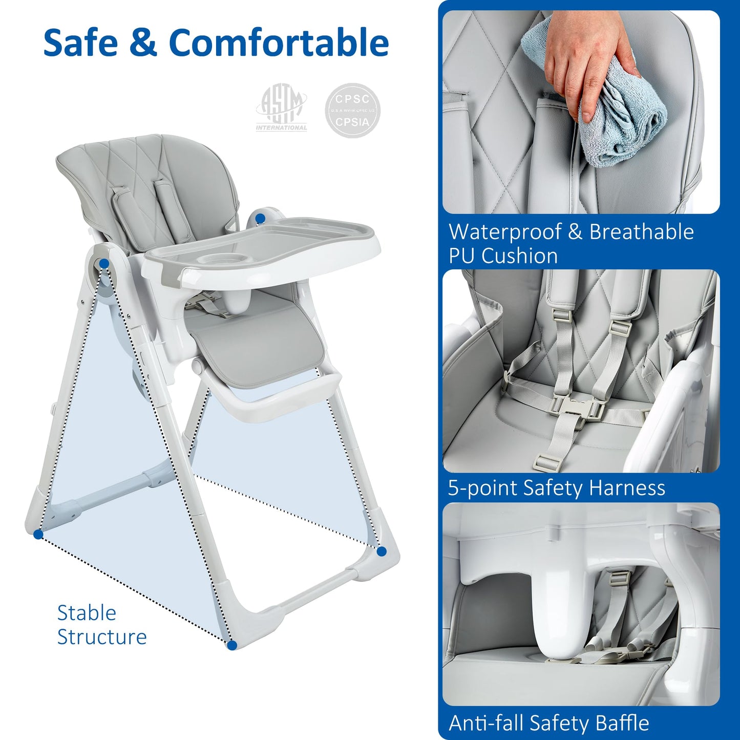 GAOMON Baby High Chair, Multifunctional Infant Highchairs with Adjustable Height and Recline, Foldable High Chair for Babies & Toddlers, High Chair with Removable Tray Easy Clean (Gray)