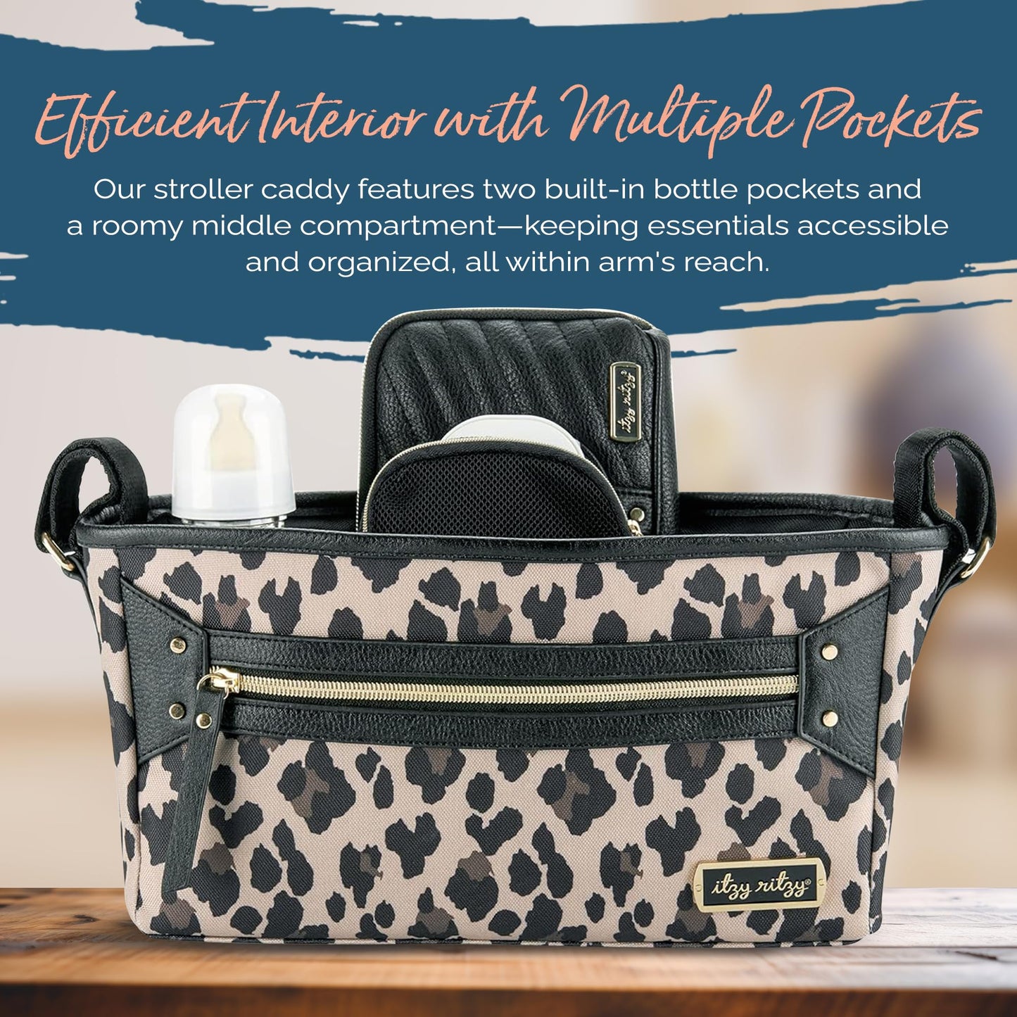 Itzy Ritzy Adjustable Stroller Caddy and Organizer Bag Featuring Front Zippered Pocket, 2 Built-in Interior Pockets & Adjustable Straps to Fit Nearly Any Stroller (Chai)