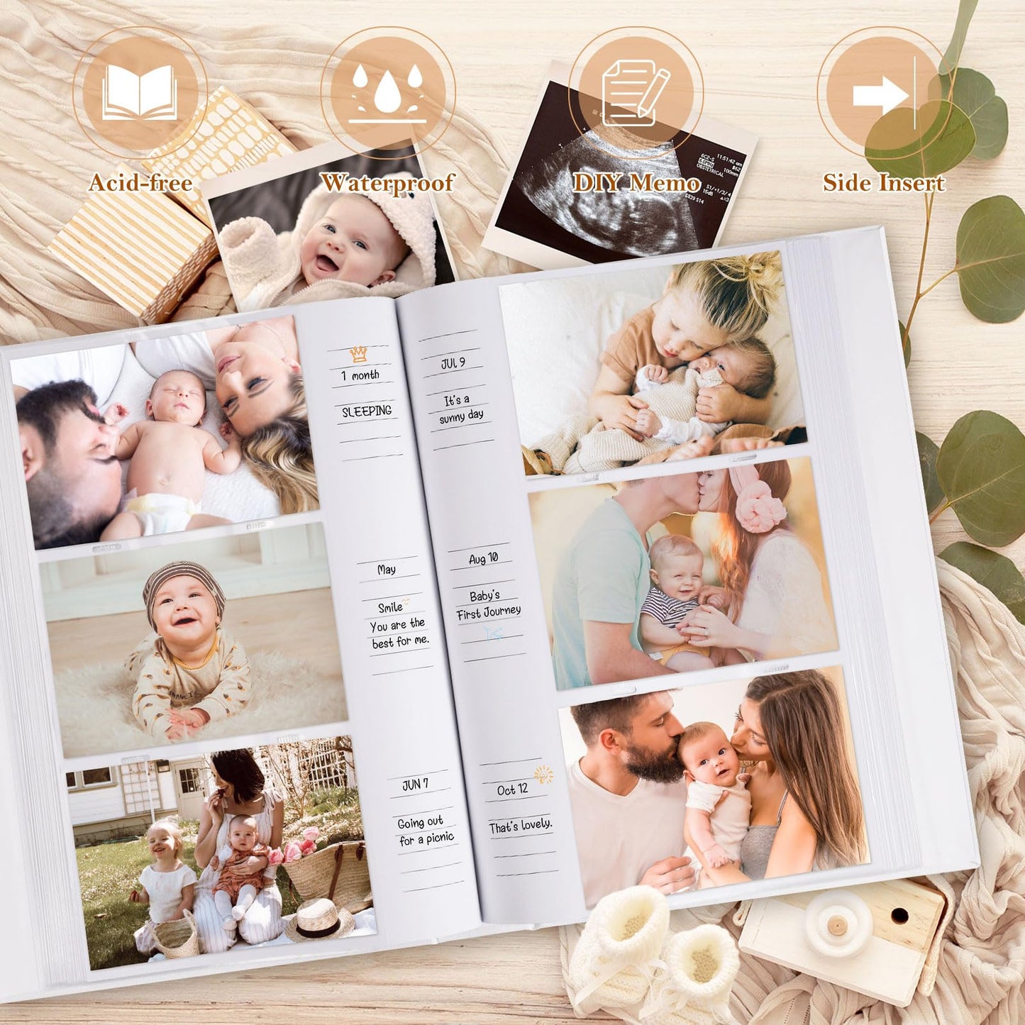 Lanpn Baby Photo Album 4x6 300 Pockets, Linen Newborn Bebe Ultrasound Photo Album with Memo Writing Area, Cover Photo Book, Picture Album for kids, Baby Girl Boy Memory Book Keepsake Colorful