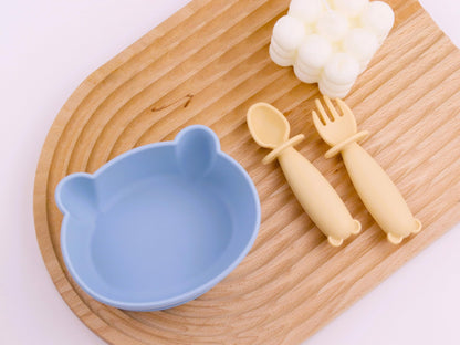 Bear Silicone Baby Bowl Suction Baby Spoon and Fork for Babies 6 months+ Suction Bowls for Baby Utensils 6-12M+ BLW Essentials (Peach Lilac)