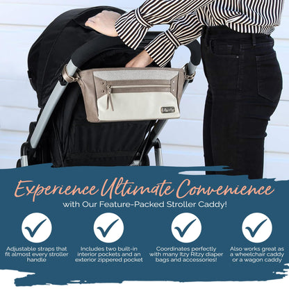 Itzy Ritzy Adjustable Stroller Caddy and Organizer Bag Featuring Front Zippered Pocket, 2 Built-in Interior Pockets & Adjustable Straps to Fit Nearly Any Stroller (Chai)