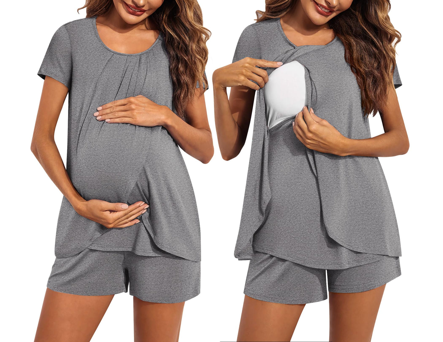 Ekouaer Women's Maternity Nursing Pajamas Set Breastfeeding Sleepwear Double Layer Short Sleeve Top & Shorts Nursing Pjs
