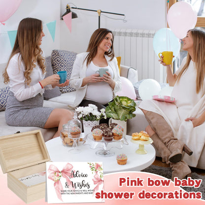 50 PCS Pink Bow Baby Shower Advice Cards For Parents To Be, Advice and Wishes Cards with Box for Baby Shower Games Advice for New Parents Baby Showers