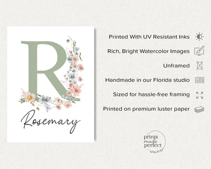 Personalized Wildflower Nursery Prints, Custom Floral Name Wall Art, Baby Girl Initial Monogram Posters, Boho Watercolor Wild Flower Artwork - Unframed (Autumn Meadow, 8x10)