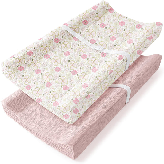 Bearmoss Changing Pad Cover, 2 Pack Muslin [100% Cotton] Diaper Changing Table Covers, 32'' x 16'' Soft Breathable Changing Pad Sheets for Unisex Baby Girls and Boys with Strap Holes (Bluemoon)