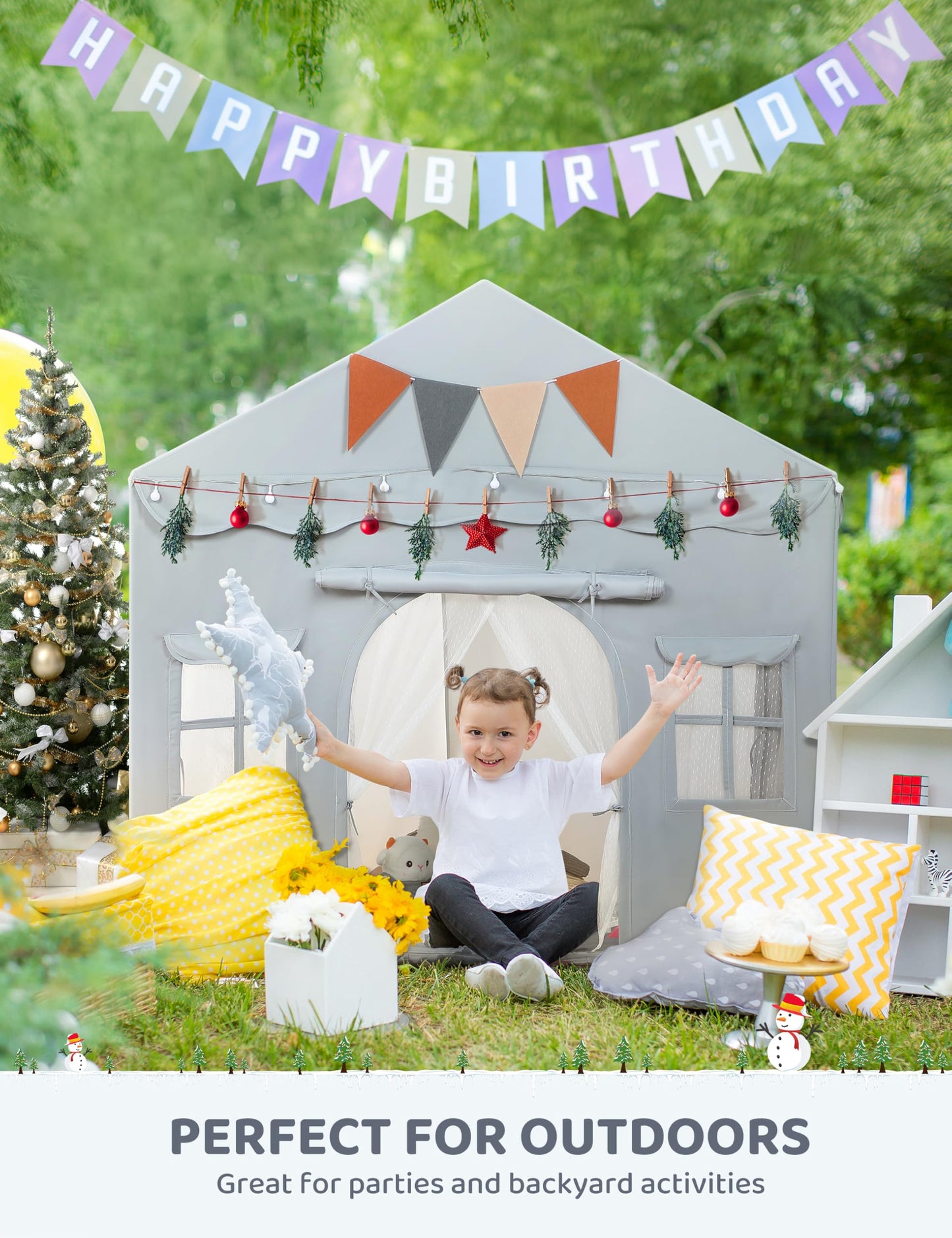 BESREY Kids Play Tent - 2 in 1 with Padded Mat & Lights, Large Playhouse with 2 Doors & 4 Windows, Indoor & Outdoor, Christmas Toddler Play Tent, 51" x 35" x 51