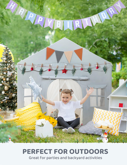 BESREY Kids Play Tent - 2 in 1 with Padded Mat & Lights, Large Playhouse with 2 Doors & 4 Windows, Indoor & Outdoor, Christmas Toddler Play Tent, 51" x 35" x 51