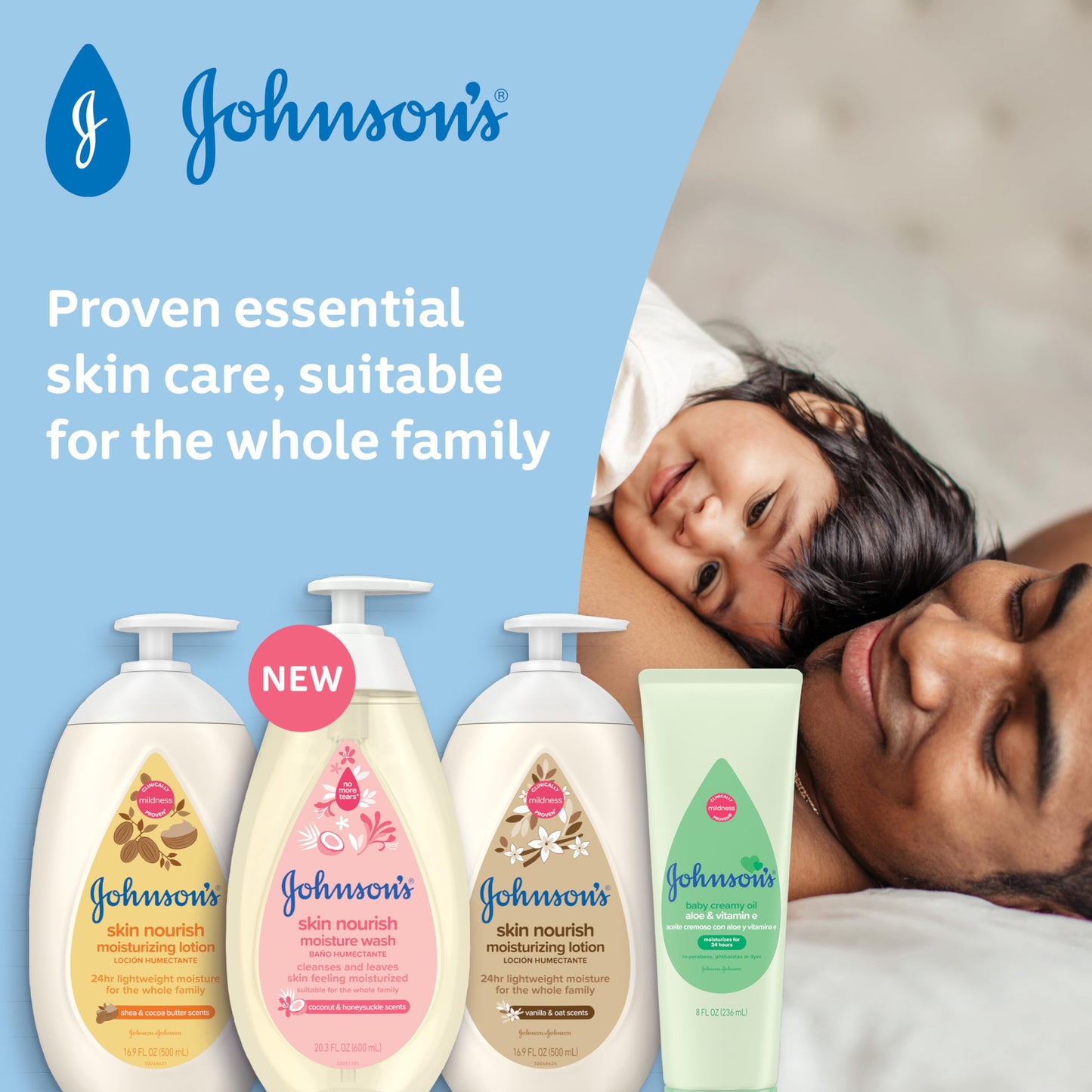 Johnson's Skin Nourish Moisturizing Baby Lotion for Dry Skin with Vanilla & Oat Scents, Gentle & Lightweight Body Lotion for the Whole Family, Hypoallergenic, Dye-Free, 16.9 fl. oz