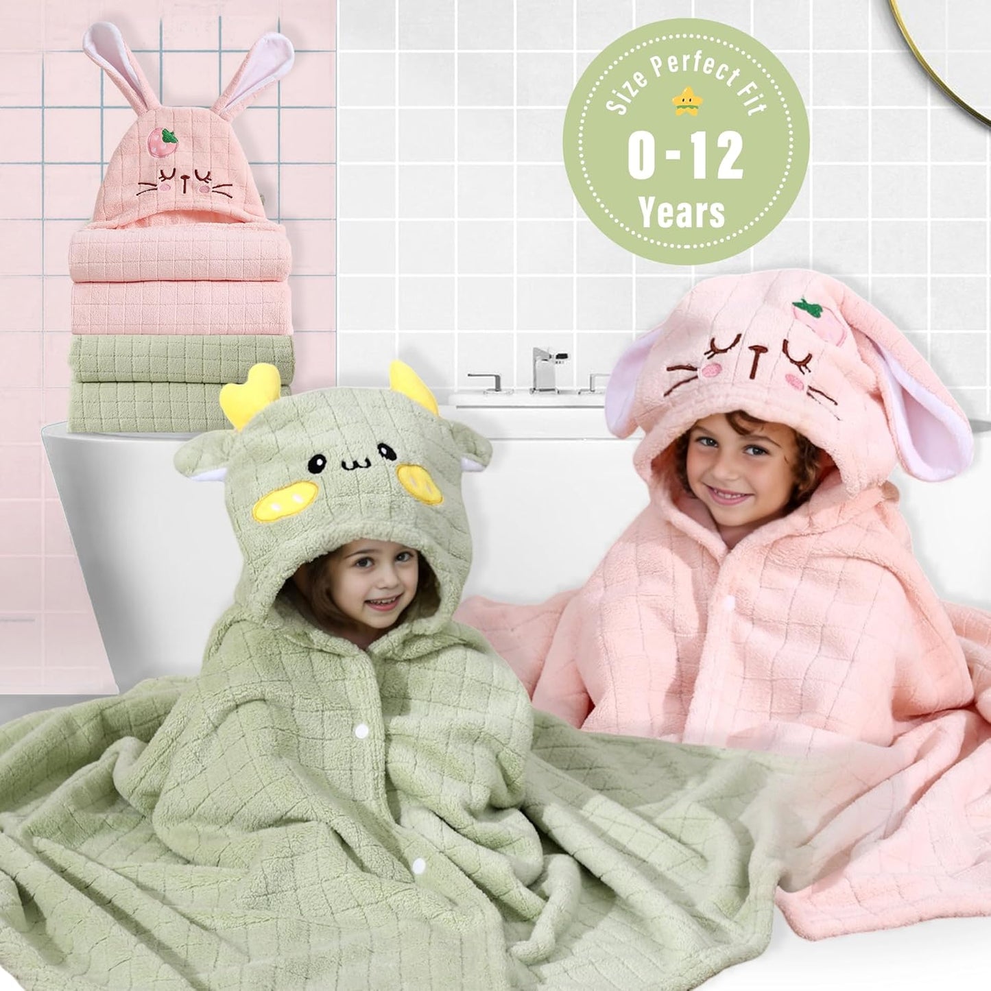 Hooded Baby Towels Set,Baby Towels 2 Pack Soft Thick Absorbency Bath Towel Gift with Animal Design for Newborn,Infant,Toddler,Boys,Girls and Kids,Newborn Essential, 27.5x55Inch(Green Deer&Pink Bunny)
