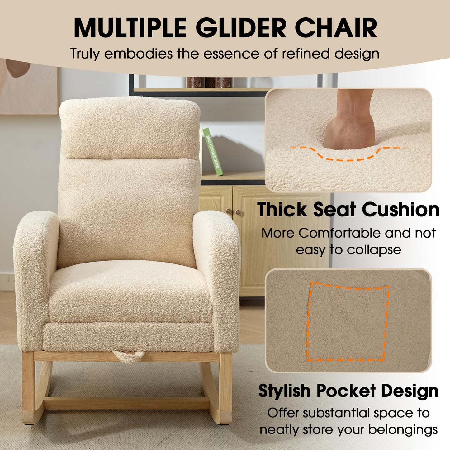 NIOIIKIT Modern Nursery Rocking Chair, Teddy Upholstered Rocking Chair with Footrest, Comfortable Glider Rocker with Side Pocket for Living Room, Bedroom, Nursing Room (Beige)