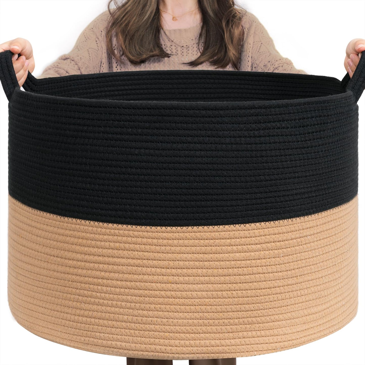 INDRESSME XXXLarge Cotton Rope Basket 21.7" x 21.7" x 13.8" Woven Baby Laundry Blanket Basket Toy Baskets with Handle Storage Comforter Cushions Thread Laundry Hamper