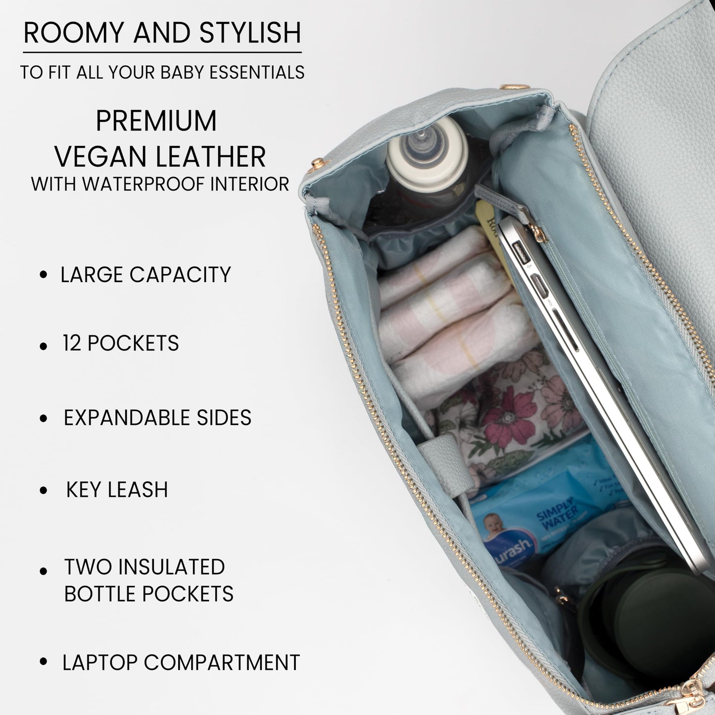 Premium Vegan Leather Diaper Bag Backpack – Large Designer Baby Bag, Stylish Diaper Backpack with Stroller & Crossbody Straps & Multiple Compartments (Powder Blue)