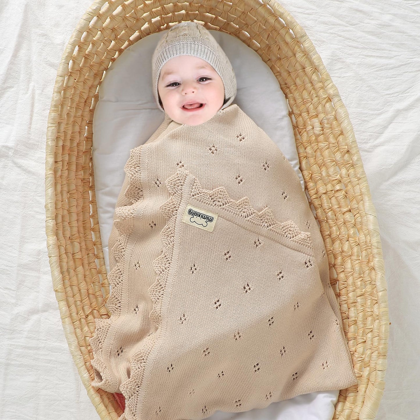 mimixiong Cotton Baby Blanket Knitted Crochet Receiving Crib Nursery Swaddling Blankets for Newborn Baby Boy Girl Off White 30x40 Inch