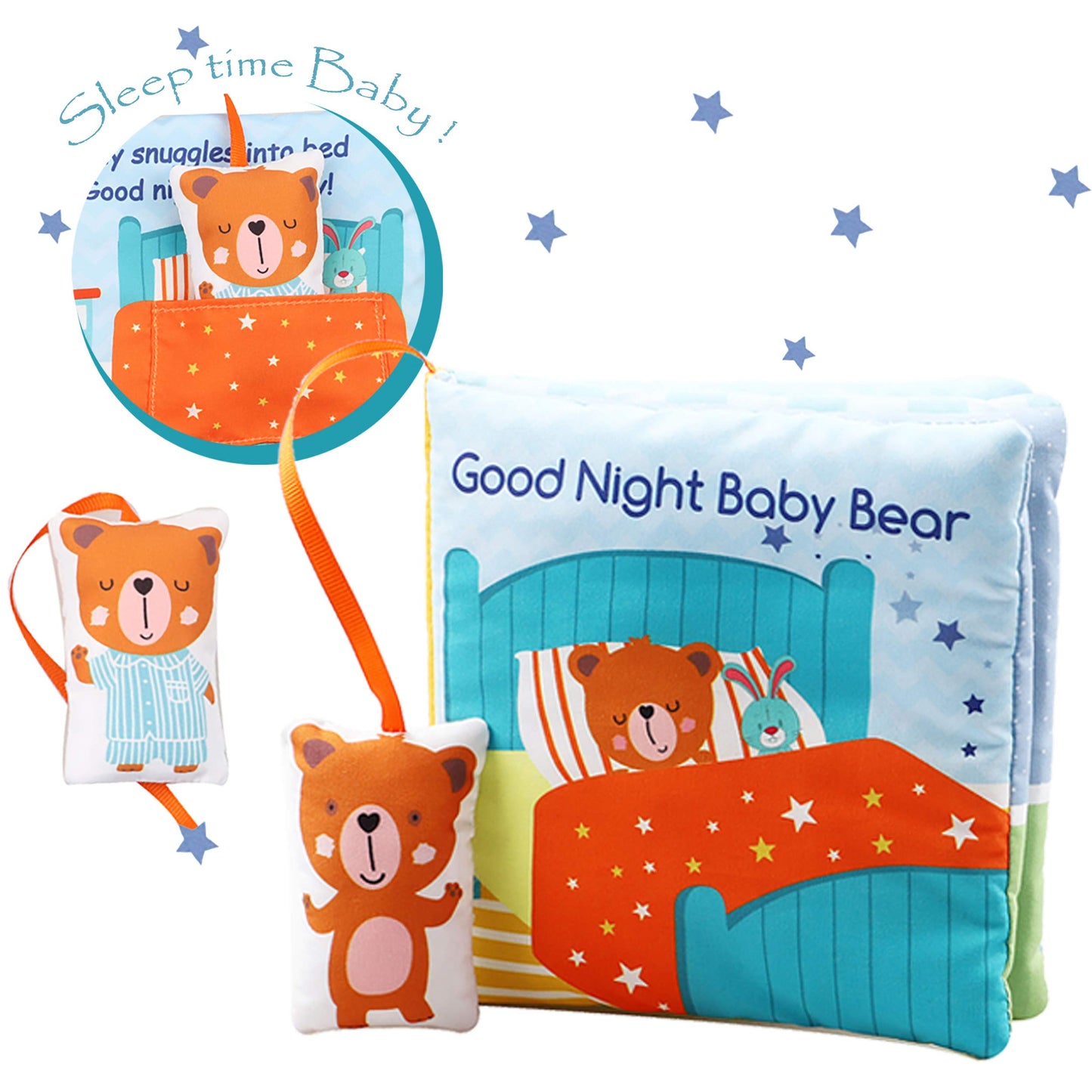 bebe mondo Teddy Bear Soft Baby Book Activity Quiet Cloth Books Developmental Toys Interactive Baby Books for Babies Toddlers Infants, Easter Gifts for Boys Girls,Washable Mirror Toy, Goodnight W Box