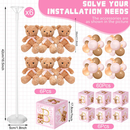 Lenwen 6 Sets Pink Bear Decorations for Baby Shower, Baby Letter Boxes Baby Shower Table Centerpieces Bear Stuffed Animals Balloon with Stand Bear Plush Toy Baby Boxes for Birthday Party Wedding