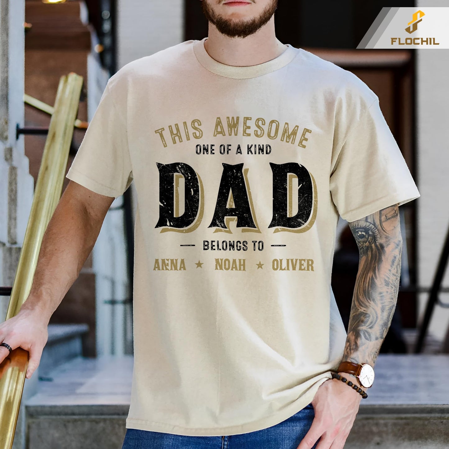 FLOCHIL Personalized Dad Shirt for Men, Custom Dad Shirt with Kids Names, Customized Fathers Day T Shirt, Gifts for Dad