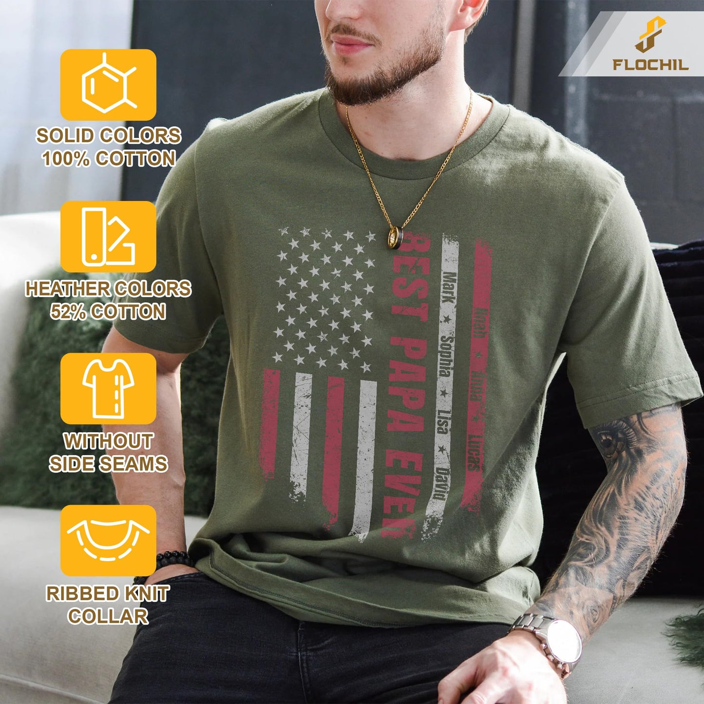 FLOCHIL Personalized Dad Shirt for Men, Custom With Kids Names, Fathers Day T Shirt, Gifts