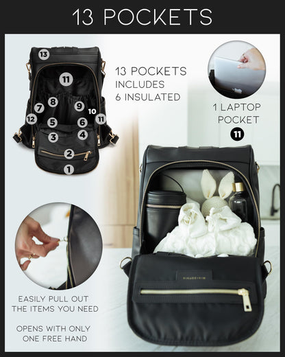 Leather Diaper Bag Backpack with USB Charging port, Changing Pad, Stroller Straps, and Bottle Holder (Brown Olivia)