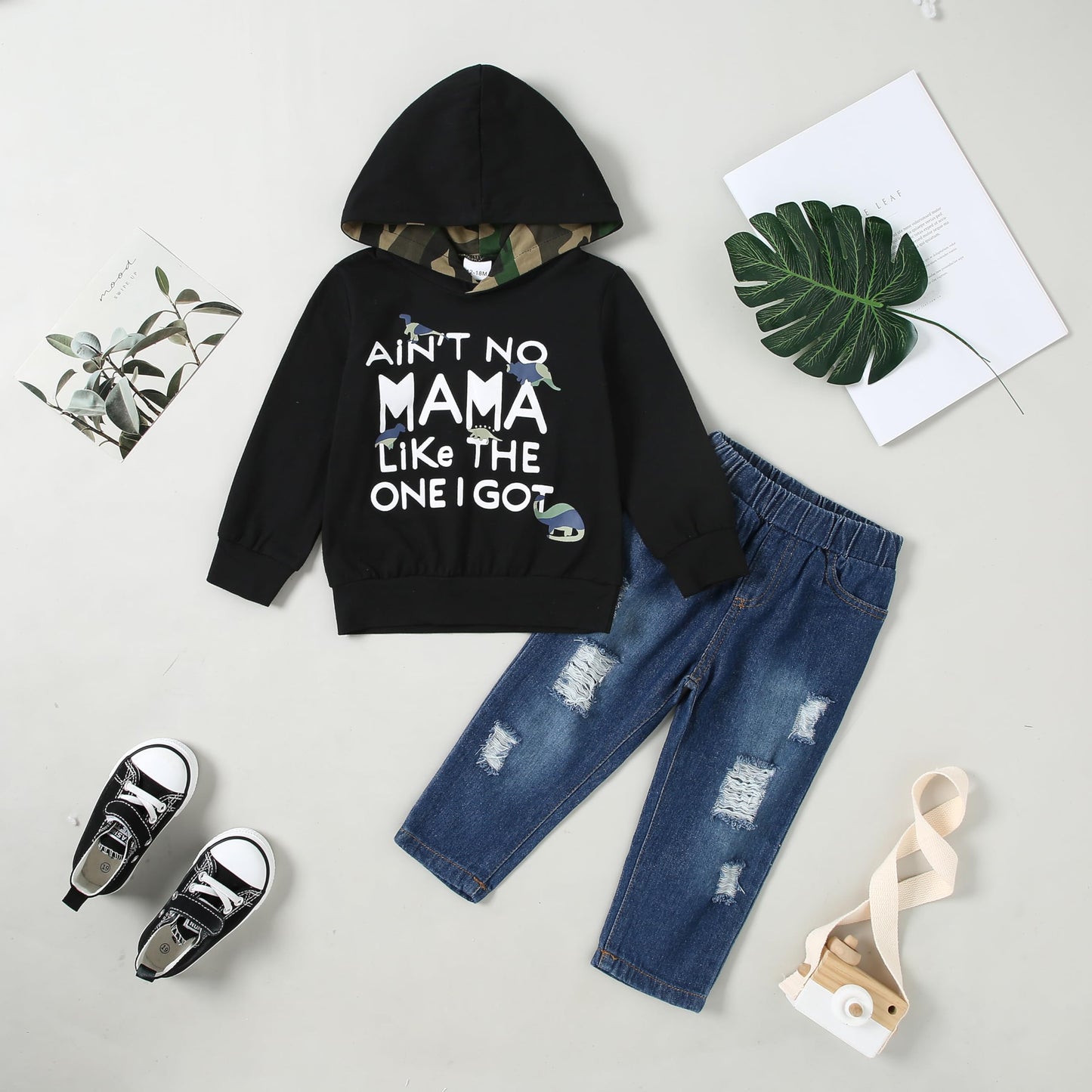 WESIDOM Baby Boy Clothes, Long Sleeve Printing Hoodie With Jeans Pants Outfits Set