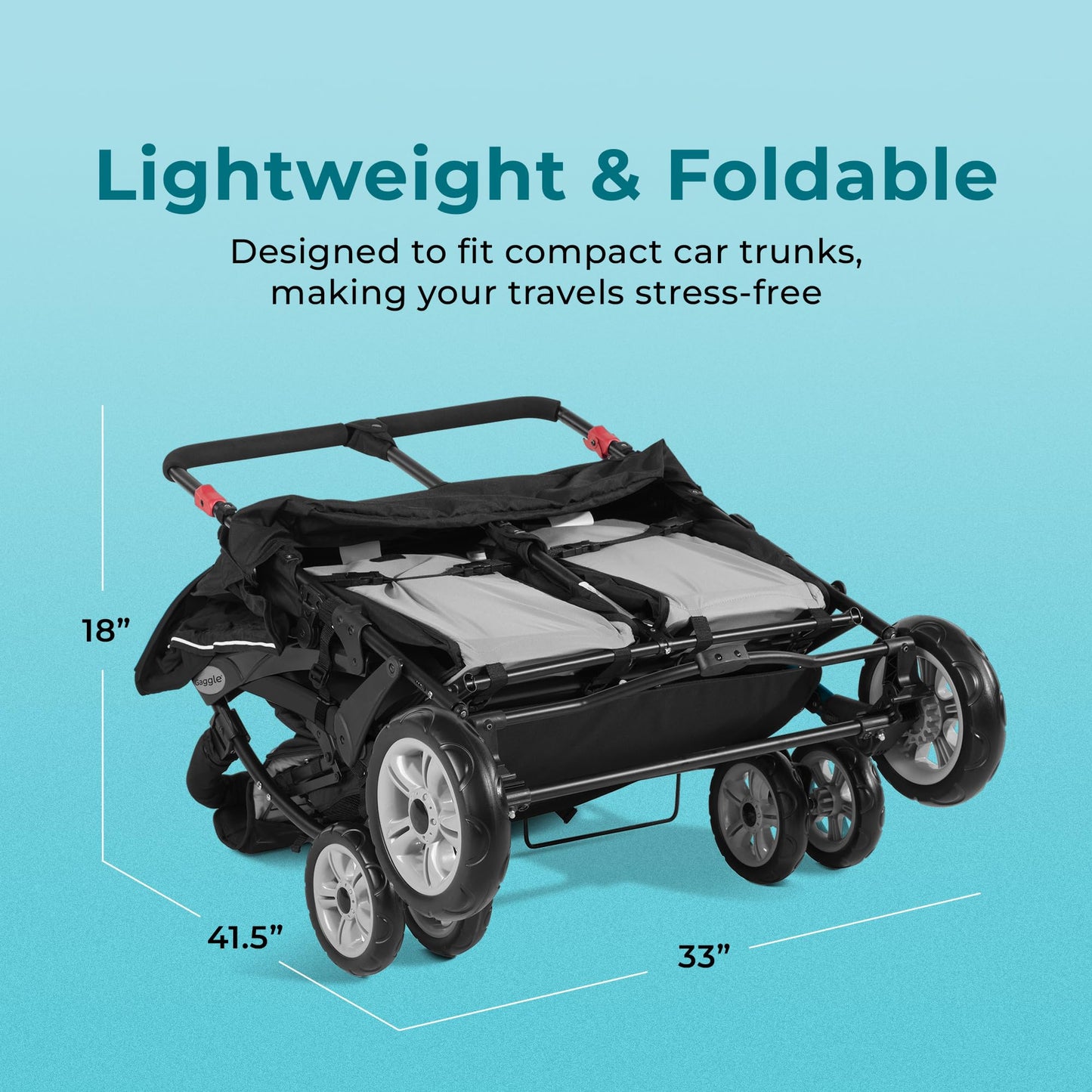 Gaggle by Foundations Compass Quad 4 Seat Stroller | 4-Seat Stroller for Daycare | Oversized UV Blocking Canopy | 5-Point Harness | Easy Loading | Storage Bucket | Black