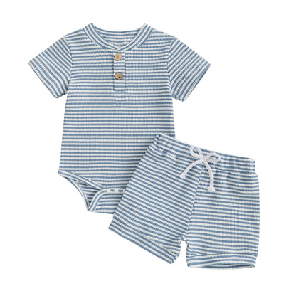 Kuriozud Newborn Baby Boy Summer Clothes Button Short Sleeve Romper Bodysuit Shorts Set Toddler Soft Waffle Outfit