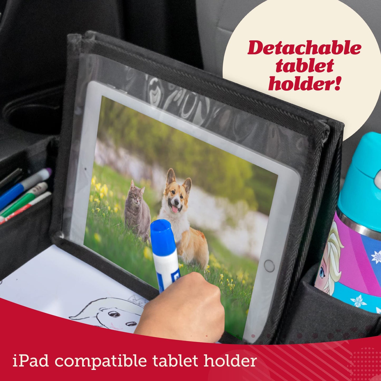 Lusso Gear Kids Travel Tray 2-Pack for Car Seats - Car Seat Tray with Tablet Stand, Mesh Pockets and Cup Holder - Road Trip Essentials Organizer and Activity Desk (Black)
