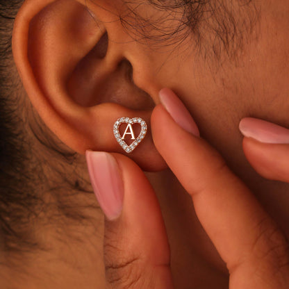 Anoup Heart Initial Stud Earrings - Gifts for Girls, Sterling Silver Post 14K Gold Plated All Over Hypoallergenic | CZ Simulated Diamond Stud Earrings | Birthday Gifts for Kids Toddlers Daughter