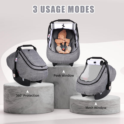 Rquite Car Seat Cover Baby, Carseat Covers Boy Girl, 2 Layers Window -Breathable Mesh & Wind/Sun Shade, Infant Car Seat Canopy Baby Carrier/Stroller Cover, Fit Spring, Fall, Winter, Cold Weather