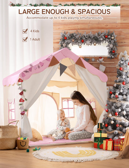 BESREY Kids Play Tent - 2 in 1 with Padded Mat & Lights, Large Playhouse with 2 Doors & 4 Windows, Indoor & Outdoor, Christmas Toddler Play Tent, 51" x 35" x 51