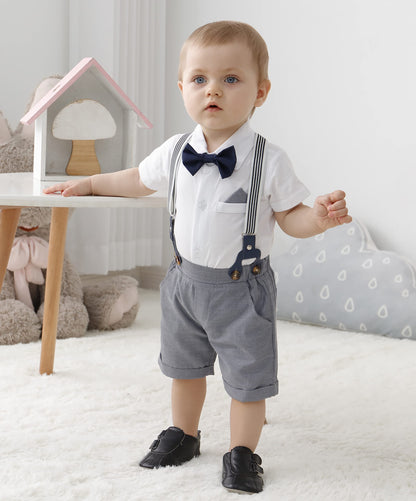 YUEMION Infant Baby Boy Clothes Gentleman Outfits Suits Summer Short Sleeve Bowtie Bodysuit Shirts + Suspender Shorts(0-24M)