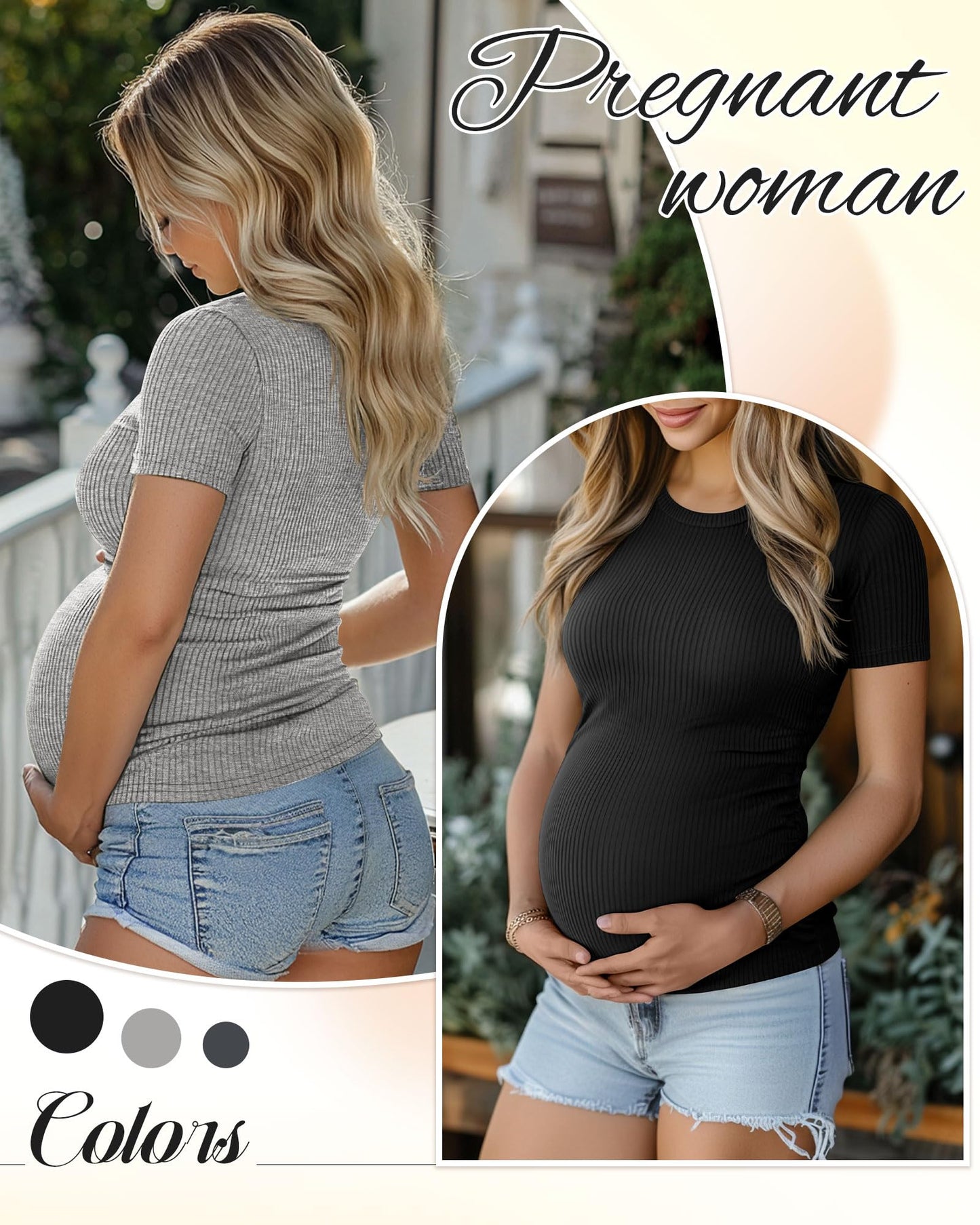 Ficerd 3 Pack Women's Maternity Shirts Cotton Short Sleeve Pregnancy Tops Side Ruched Ribbed Casual Mama tees Clothes