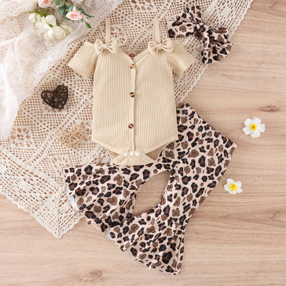 Fernvia Infant Baby Girl Clothes Suspenders Short Sleeve Ribbed Romper Flared Pants Set Headband 3pcs Summer Outfit