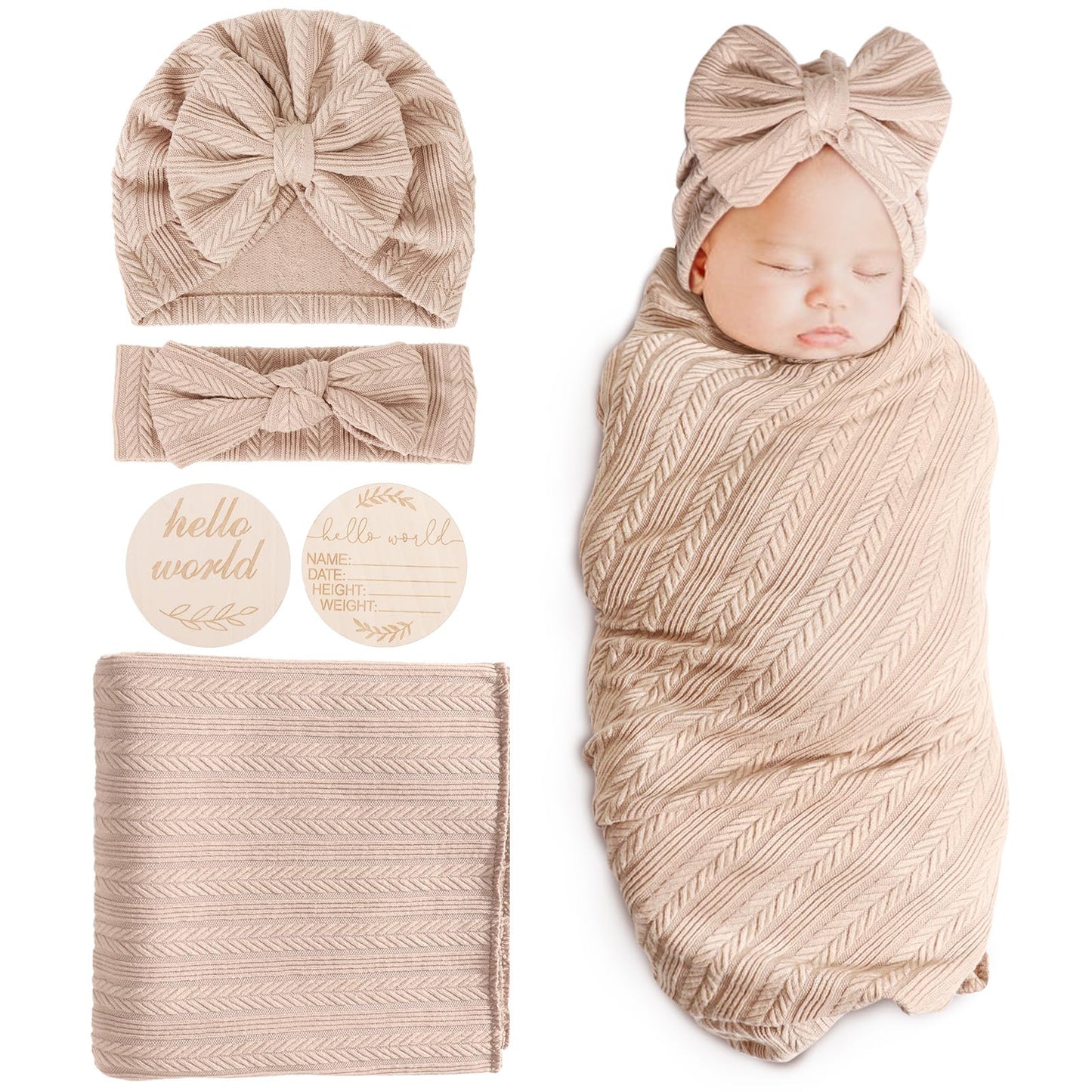 DRESHOW BQUBO Baby Swaddle Blankets for Girls, 4PCS Newborn Accessories Set with Matching Hat and Bow Headband with Card