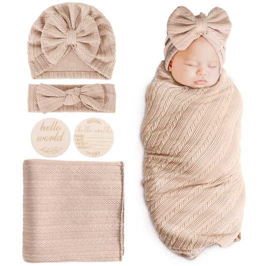DRESHOW BQUBO Baby Swaddle Blankets for Girls, 4PCS Newborn Accessories Set with Matching Hat and Bow Headband with Card